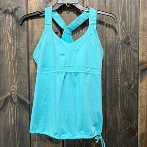 Athleta Horizon Tank‎ Top M Tidal Blue Tie Waist Padded Shelf Bra Racerback Gym